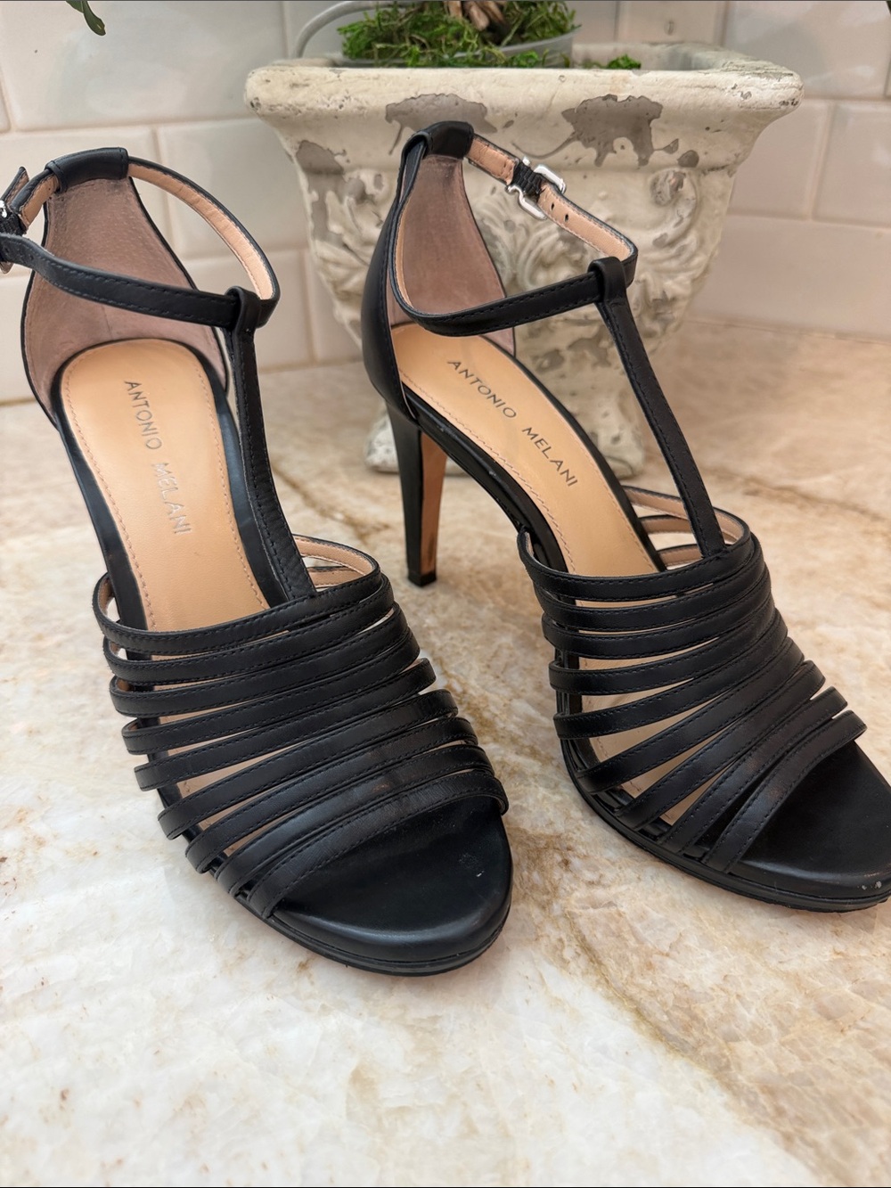 ANTONIO MELANI Black Strappy T‑Bar Sandal Heels